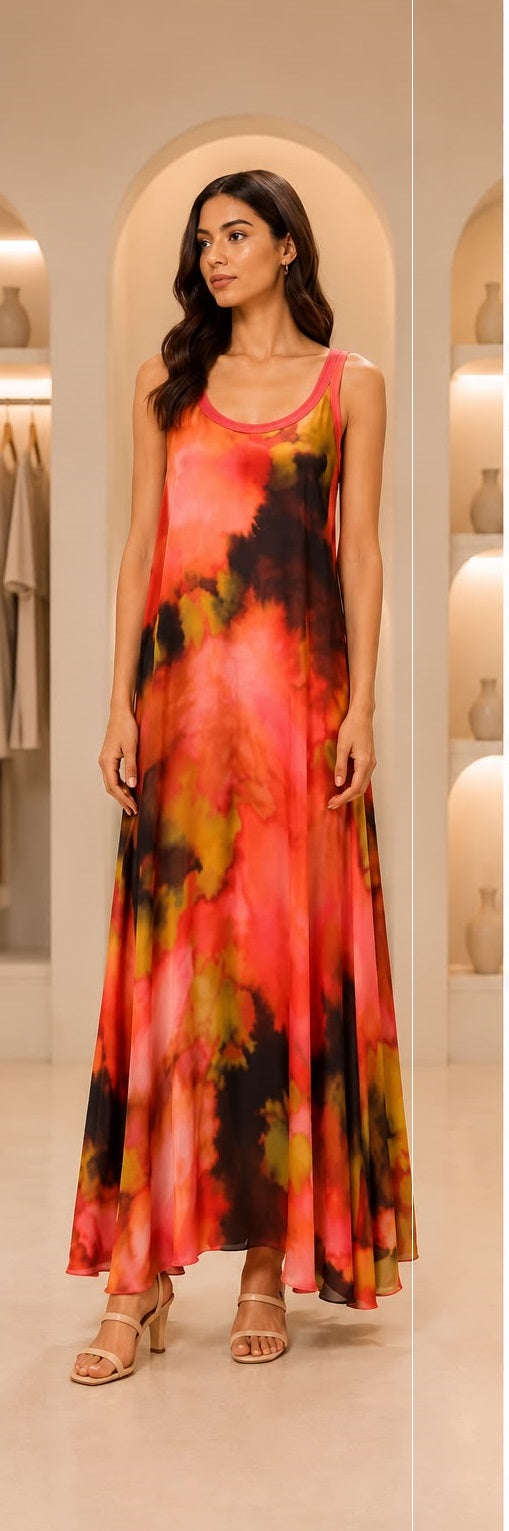 Coral & Sunset Tie-Dye Sleeveless Maxi Dress with Contrast Trim
