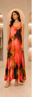 Coral & Sunset Tie-Dye Sleeveless Maxi Dress with Contrast Trim