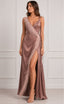 Rosé Satin Feather Trim Wrap Evening Gown with High Slit