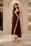Burgundy Feather Trim Asymmetrical Evening Maxi Dress
