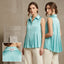 MAX & MOI Paris Aqua Green Sleeveless Satin Peplum Top - High Neck Pleated Blouse