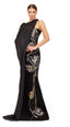 Midnight Bloom One-Shoulder Embellished Evening Gown with Draped Cape