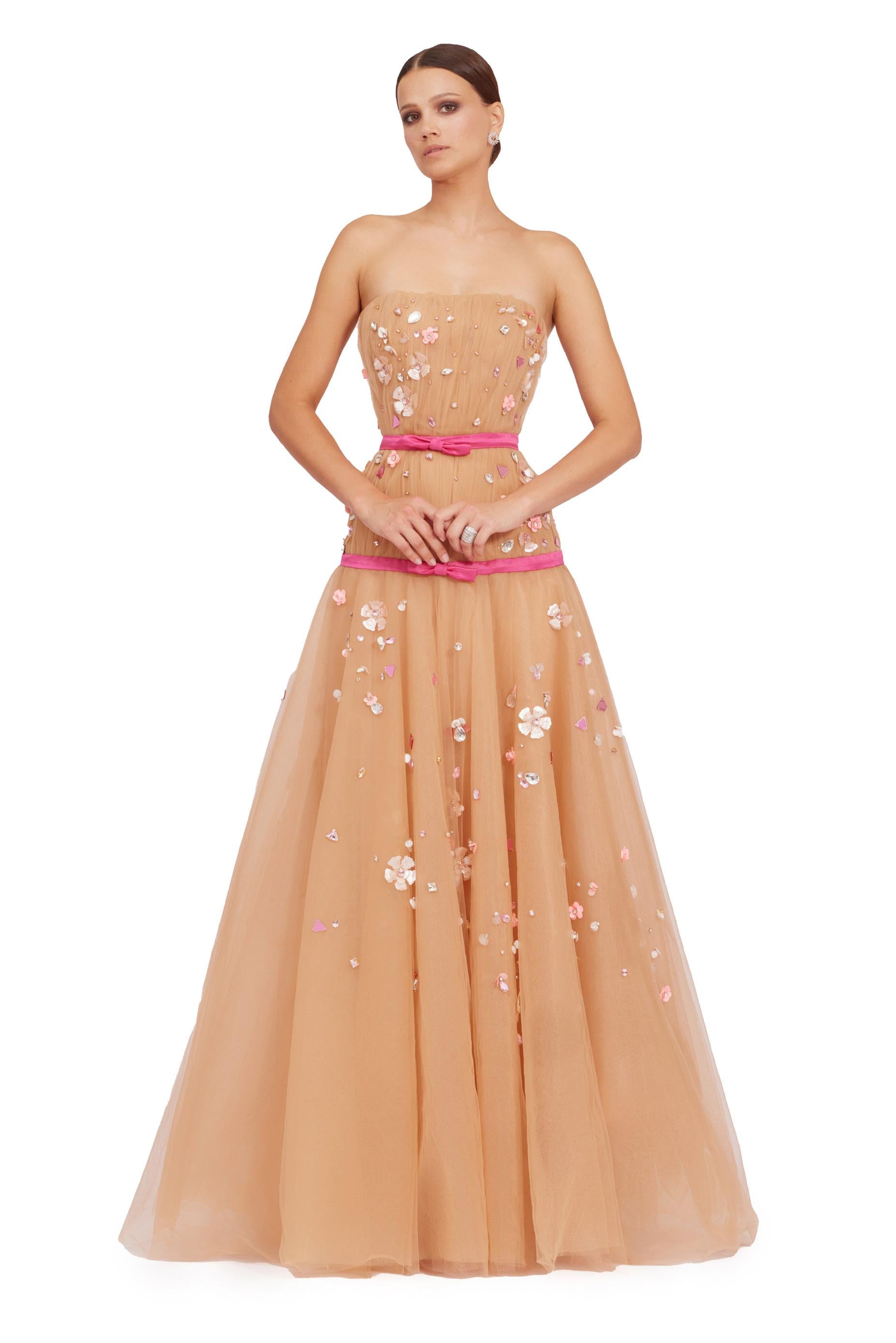 Champagne Strapless Floral Embellished Tulle Ball Gown with Pink Ribbo – Parker Robinson