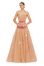 Champagne Strapless Floral Embellished Tulle Ball Gown with Pink Ribbon Accents