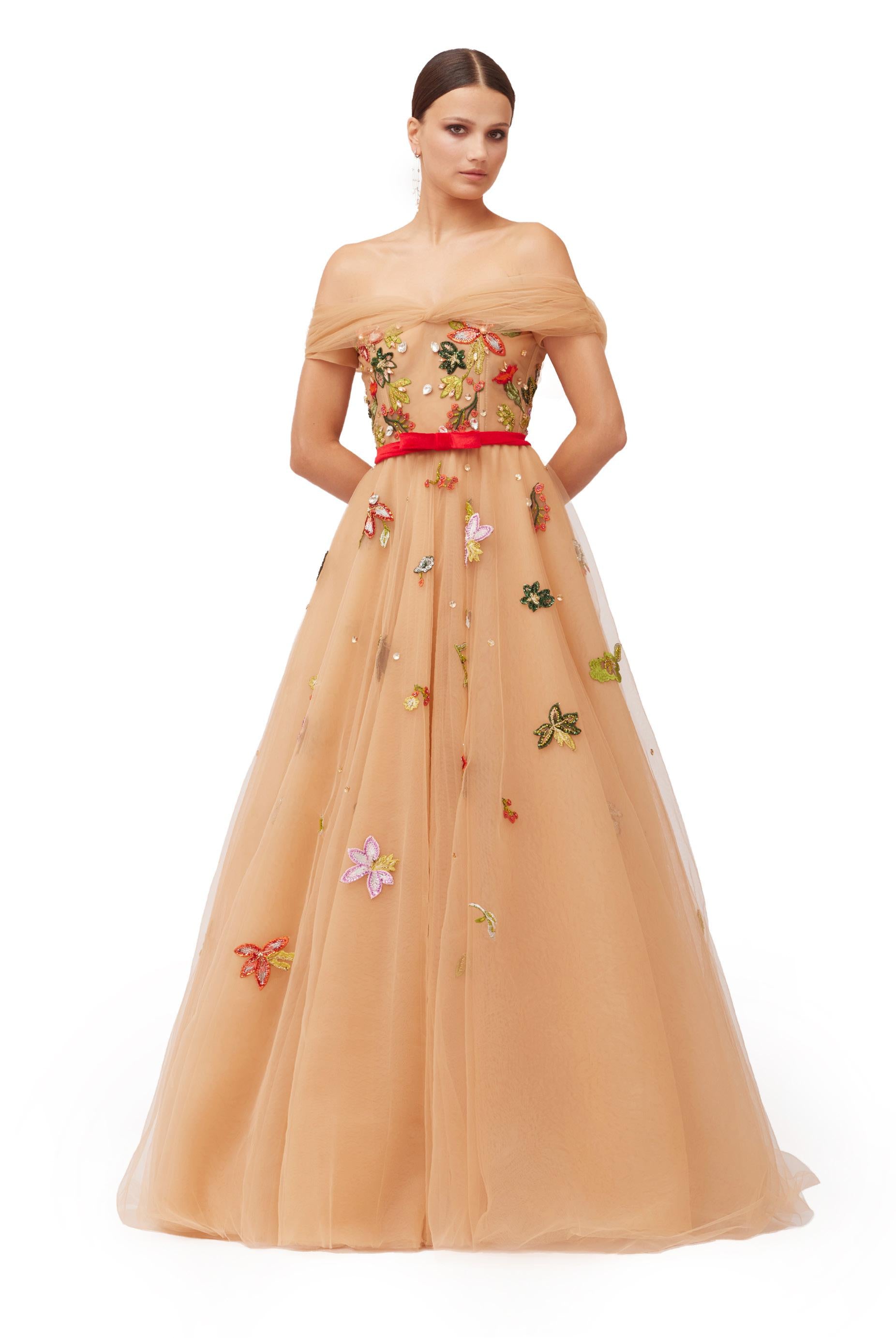 Champagne Off-Shoulder Floral Embroidered Tulle Ball Gown with Red Sat – Parker Robinson