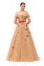 Champagne Off-Shoulder Floral Embroidered Tulle Ball Gown with Red Satin Waistband