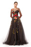 Black Illusion Floral Embroidered Tulle Ball Gown with Long Sleeves & Red Satin Belt