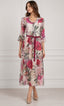 Rose Garden Floral Chiffon Midi Dress with Waist Tie Belt