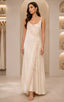 Ivory Feather Trim Satin Maxi Dress – Elegant Cowl Neck Evening Gown