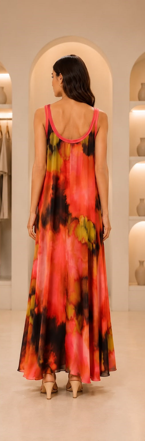 Coral & Sunset Tie-Dye Sleeveless Maxi Dress with Contrast Trim Main Image