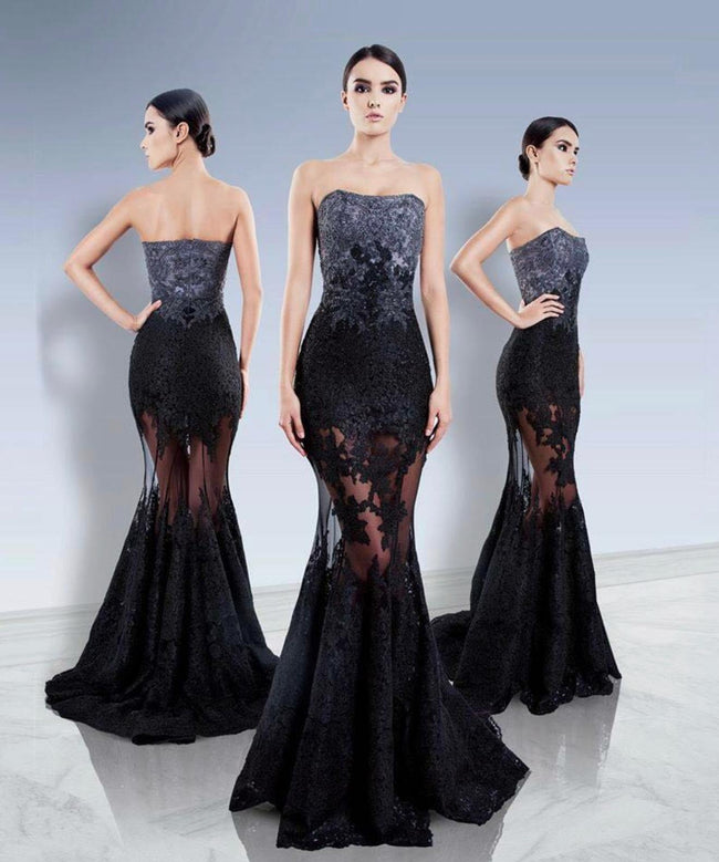 O'BLANC Women's Black Strapless Lace Mermaid Evening Gown – Elegant Floral Embroidered Formal Dress Main Image