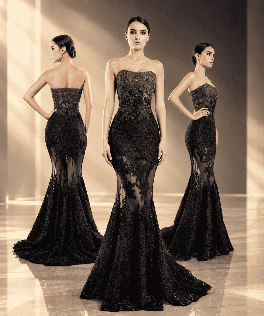 O'BLANC Women's Black Strapless Lace Mermaid Evening Gown – Elegant Floral Embroidered Formal Dress