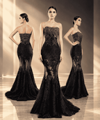 O'BLANC Women's Black Strapless Lace Mermaid Evening Gown – Elegant Floral Embroidered Formal Dress