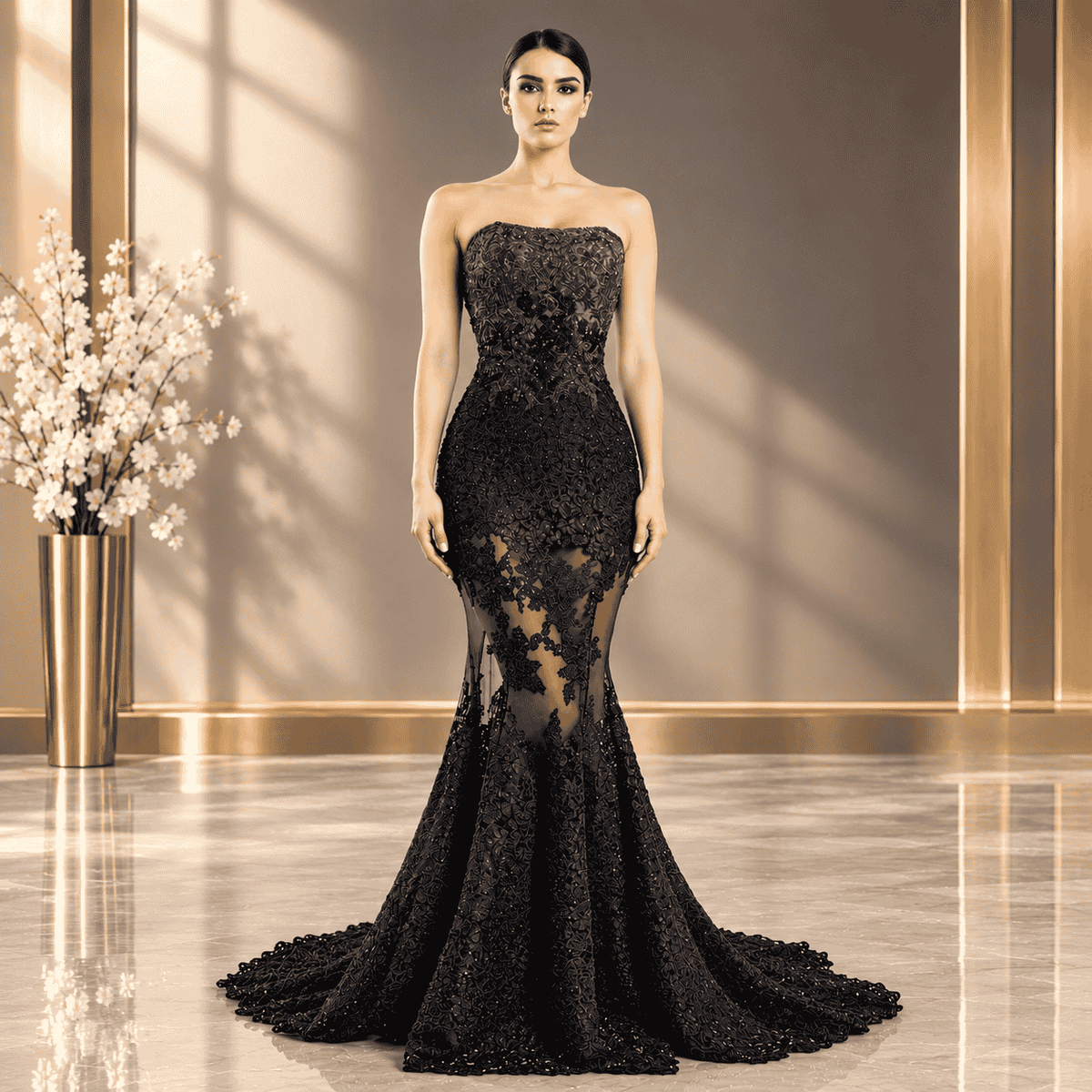 O'BLANC Women's Black Strapless Lace Mermaid Evening Gown – Elegant Floral Embroidered Formal Dress