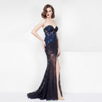 O'BLANC Black & Royal Blue Floral Lace Strapless Evening Gown with High Slit