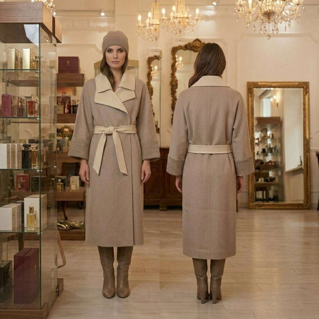 Max&Moi Double-Face Wool Blend Belted Coat with Sequin Knit Cuffs Main Image