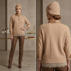 Max&Moi Beige Knit Sweater with Leather Buckle High Neck & Keyhole Detail