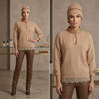 Max&Moi Beige Knit Sweater with Leather Buckle High Neck & Keyhole Detail