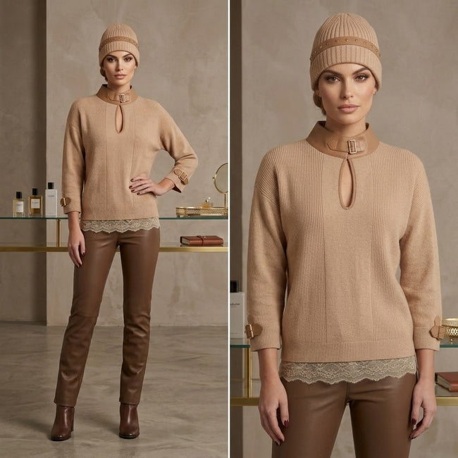 Max&Moi Beige Knit Sweater with Leather Buckle High Neck & Keyhole Detail Main Image