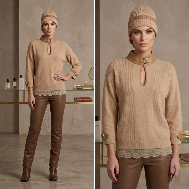Max&Moi Beige Knit Sweater with Leather Buckle High Neck & Keyhole Detail Main Image