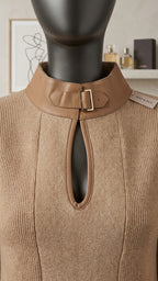 Max&Moi Beige Knit Sweater with Leather Buckle High Neck & Keyhole Detail