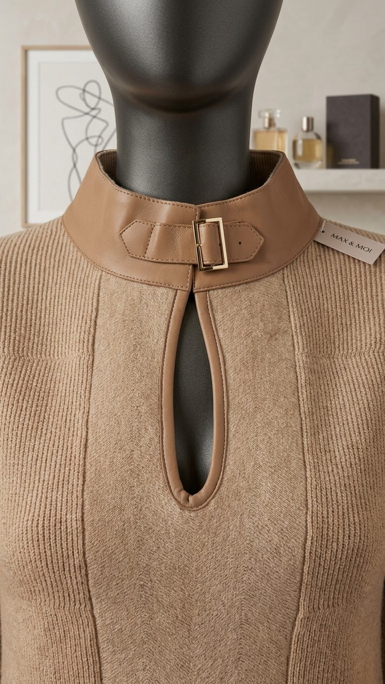 Max&Moi Beige Knit Sweater with Leather Buckle High Neck & Keyhole Detail