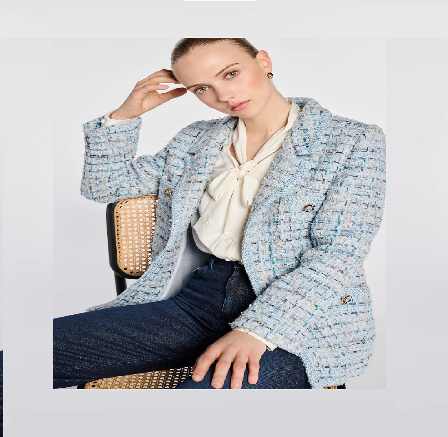 Pastel tweed blazer with braiding