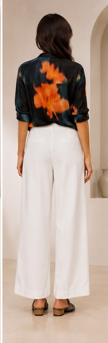Women’s Blurred Floral Silk-Look Blouse with Roll-Up Sleeves - Only Top