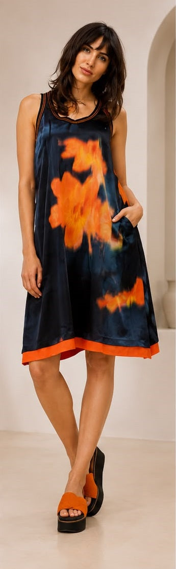 Women’s Water-Color Floral Tank Dress with Contrast Color-Block Hem