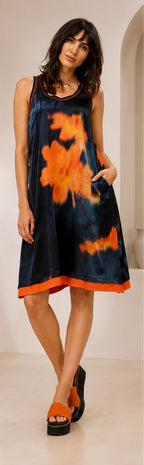 Women’s Water-Color Floral Tank Dress with Contrast Color-Block Hem