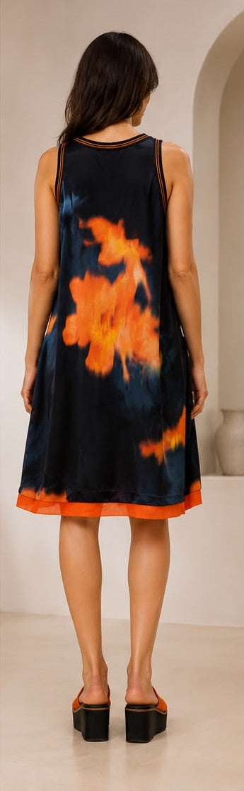 Women’s Water-Color Floral Tank Dress with Contrast Color-Block Hem