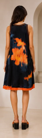 Women’s Water-Color Floral Tank Dress with Contrast Color-Block Hem