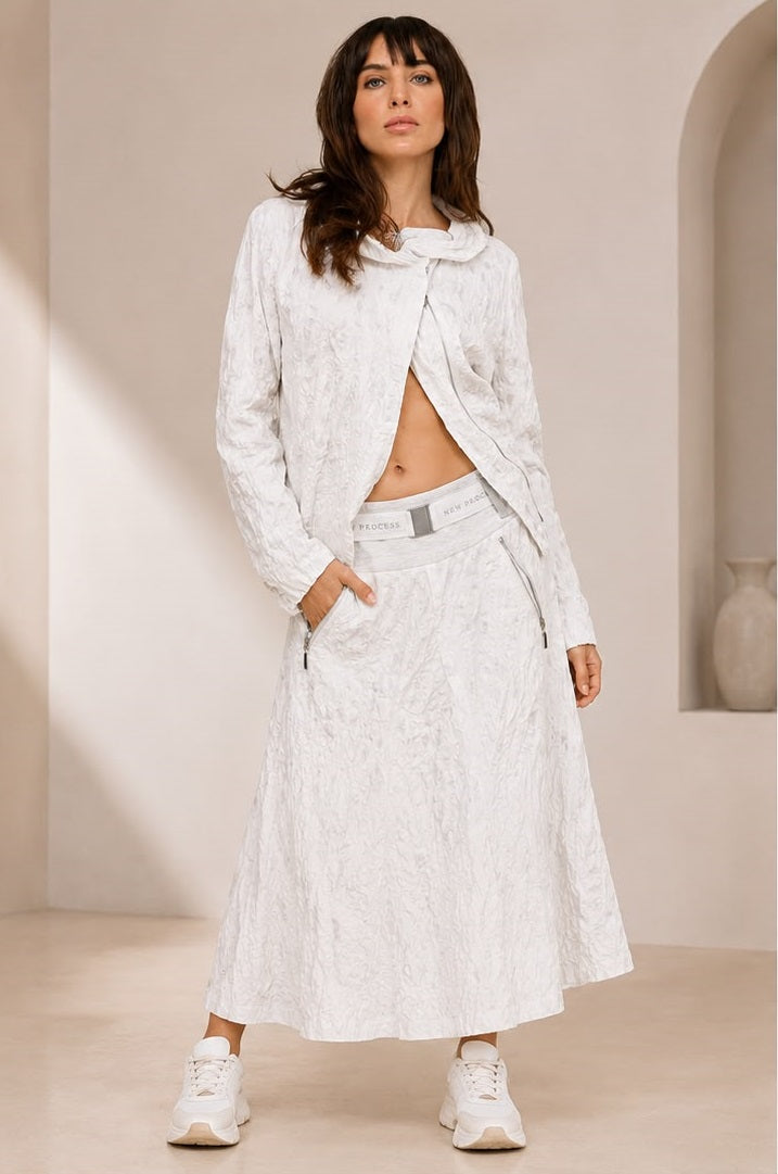Women’s Off-White Crinkle-Textured Jacket & Belted Midi Skirt Athleisure Set
