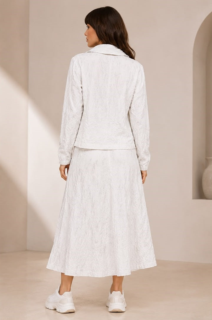Women’s Off-White Crinkle-Textured Jacket & Belted Midi Skirt Athleisure Set