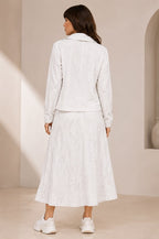 Women’s Off-White Crinkle-Textured Jacket & Belted Midi Skirt Athleisure Set