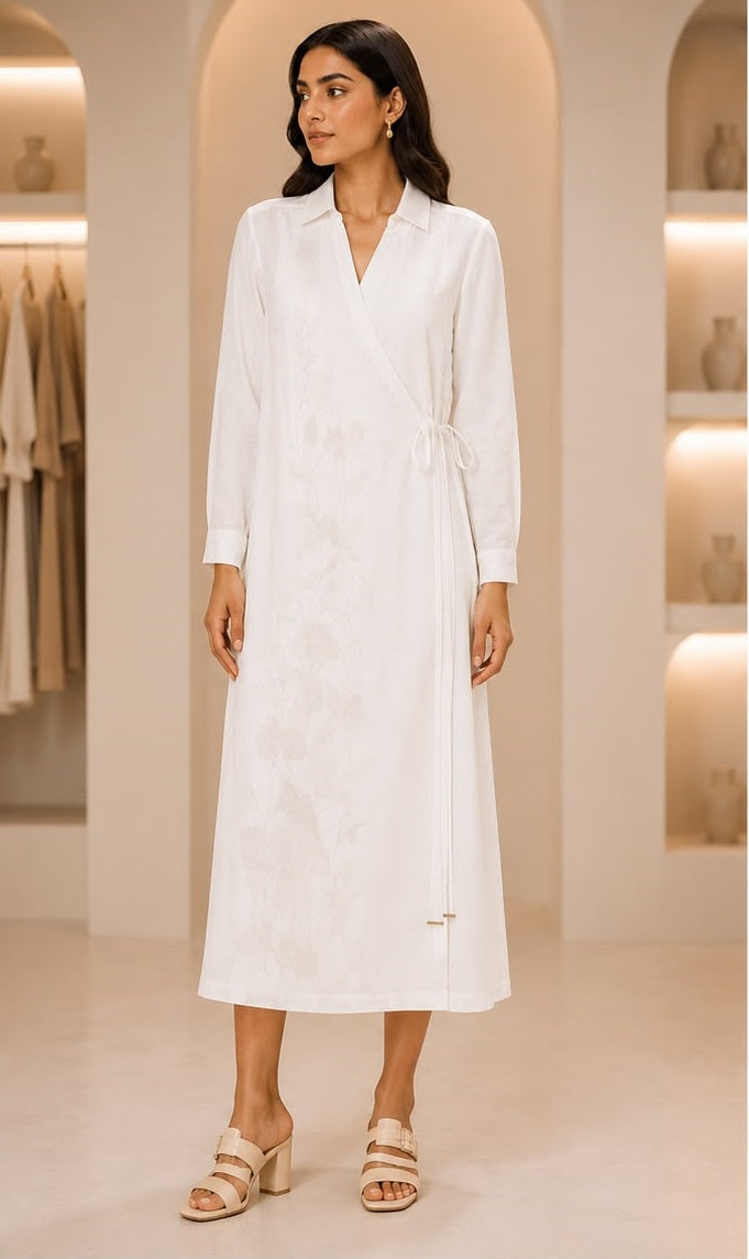 Women’s Collared Angrakha Style Maxi Dress with Subtle Floral Embroidery