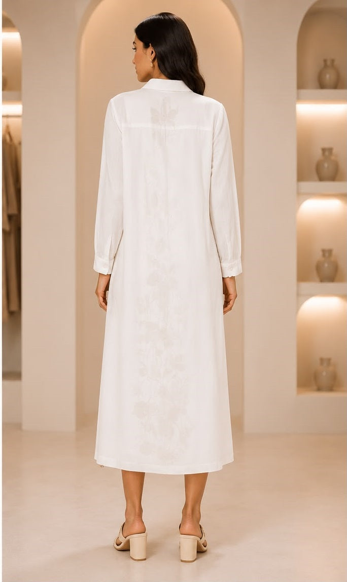 Women’s Collared Angrakha Style Maxi Dress with Subtle Floral Embroidery