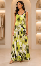 Lime Green Watercolor Floral Sleeveless Maxi Dress with Contrast Trim