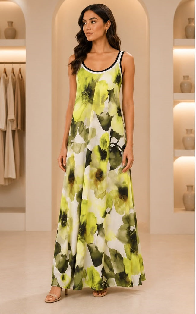 Lime Green Watercolor Floral Sleeveless Maxi Dress with Contrast Trim Hover Image