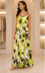 Lime Green Watercolor Floral Sleeveless Maxi Dress with Contrast Trim