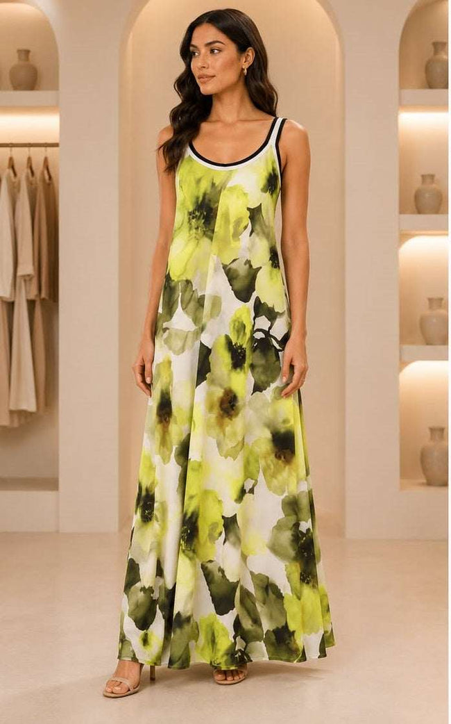 Lime Green Watercolor Floral Sleeveless Maxi Dress with Contrast Trim Hover Image