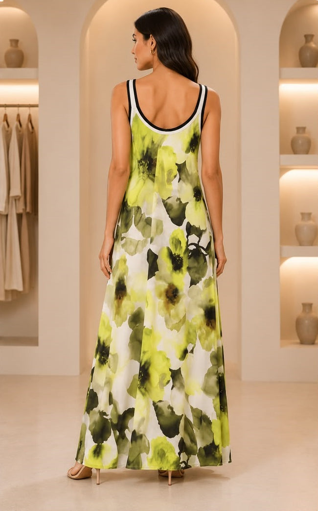 Lime Green Watercolor Floral Sleeveless Maxi Dress with Contrast Trim Main Image