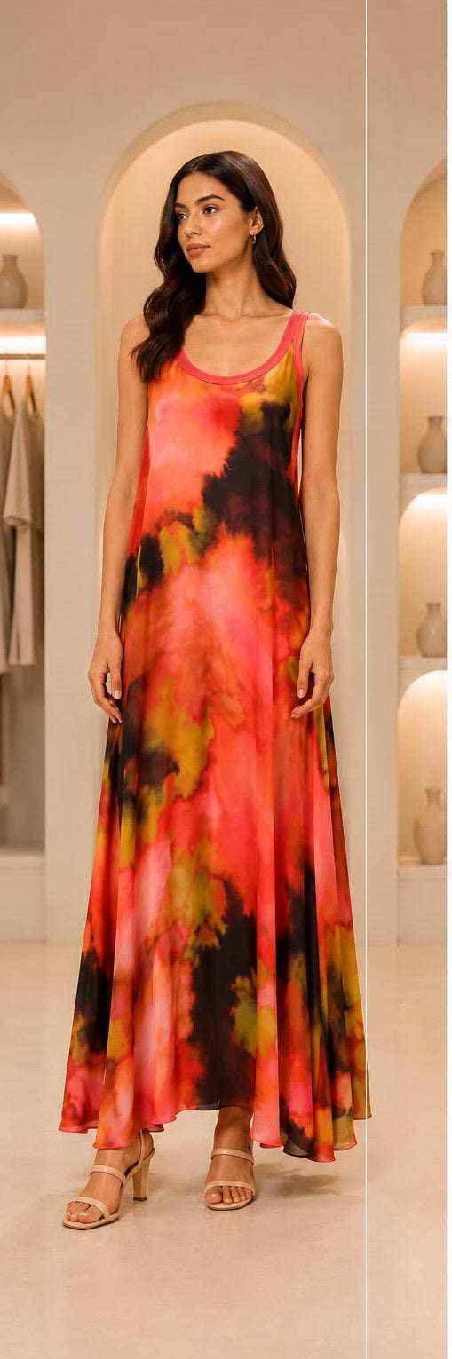 Coral & Sunset Tie-Dye Sleeveless Maxi Dress with Contrast Trim