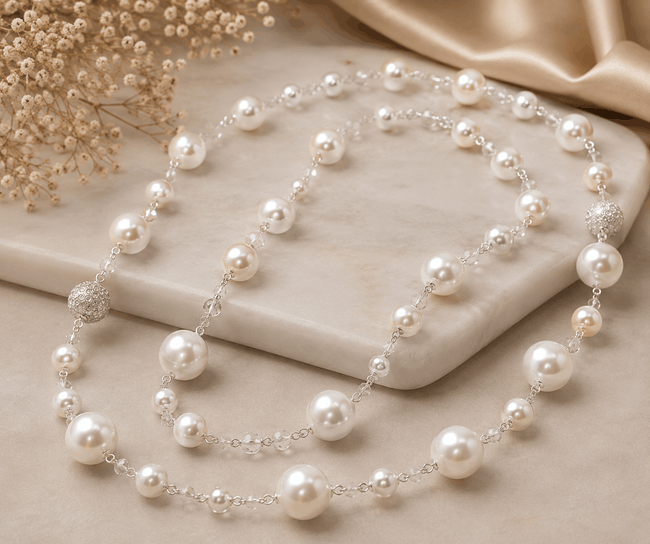 White Freshwater Pearl Necklace with Silver Chain – 48" Hover Image