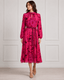 Fuchsia Floral Print Belted High-Neck Midi Dress