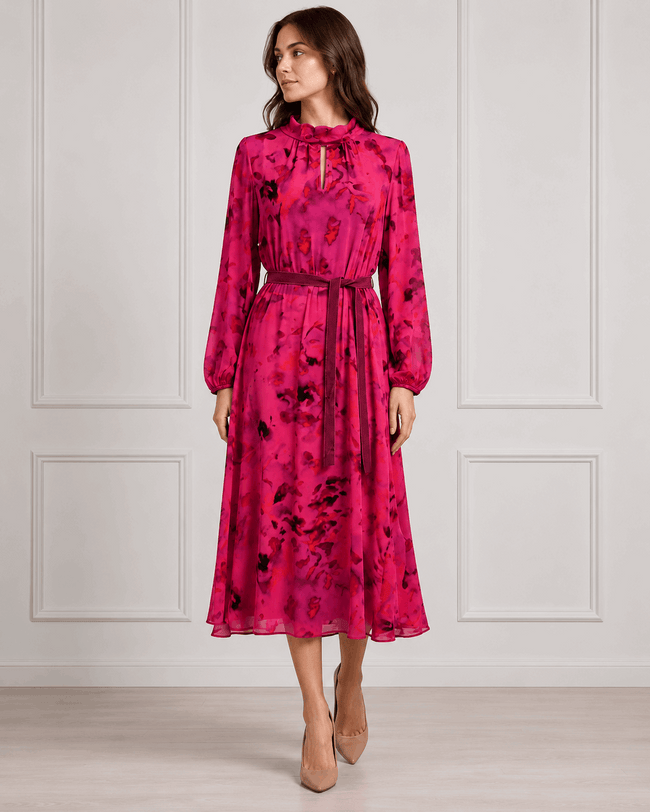 Fuchsia Floral Print Belted High-Neck Midi Dress Hover Image