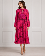 Fuchsia Floral Print Belted High-Neck Midi Dress