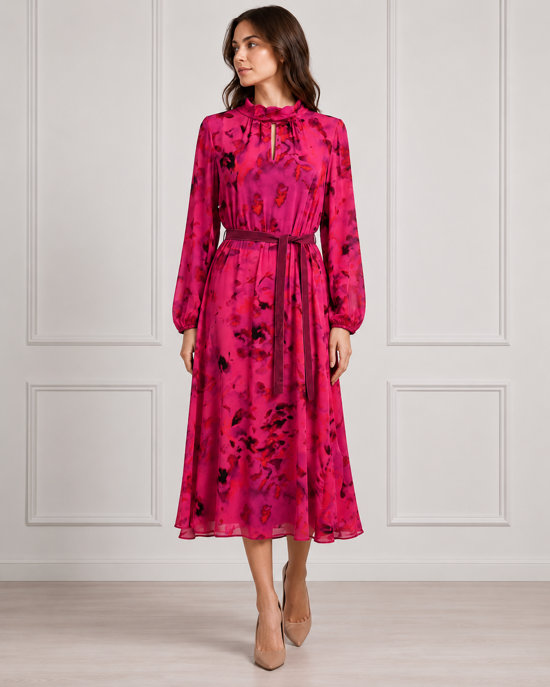 Fuchsia Floral Print Belted High-Neck Midi Dress