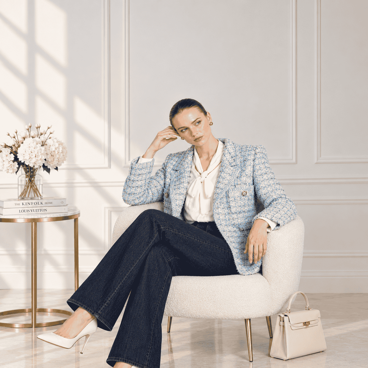 Pastel tweed blazer with braiding