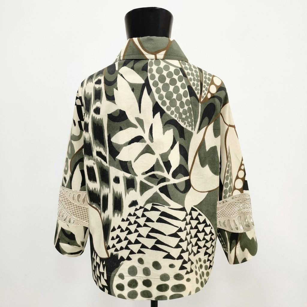 Tricot Chic Khaki Abstract Print Jacket with Lace Sleeve Accents
